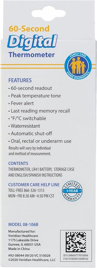 Veridian Digital Thermometer | 60-Second Readout | Fever Alert + Memory Recall| Clinical Rigid Tip | Hygienic Water-Resistant Easy Cleaning | Storage Case + Probe Covers Included