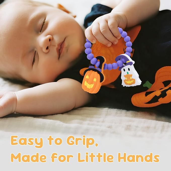 Halloween Baby Teething Toys, Pumpkin & Ghost Silicone Teether for 3-12 Months, Textured Sensory Chewing Ring for Infants & Toddlers, Boo Basket Stuffer, Gift for Baby’s First Halloween