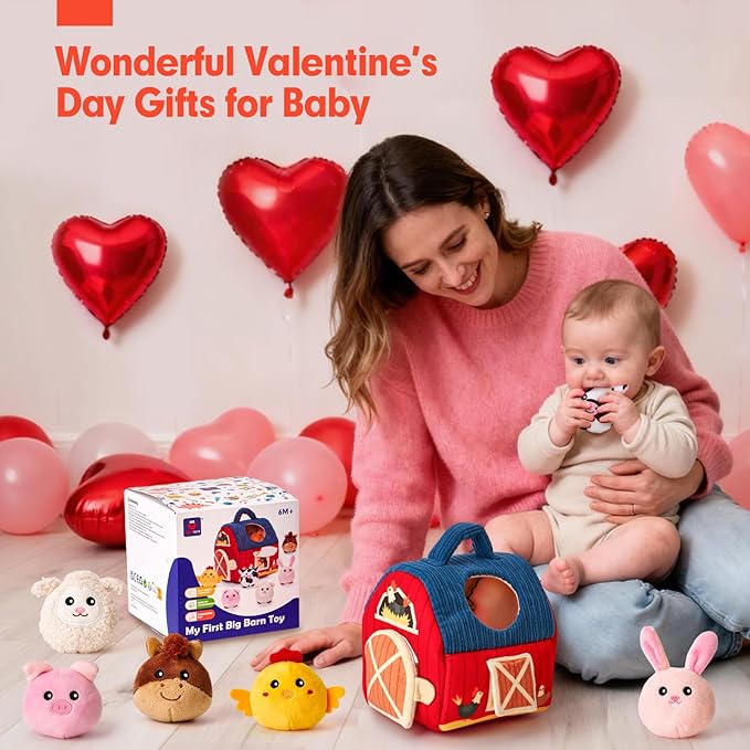 hahaland Baby Toys 6-12 Months - Surprise Barn Stuffed Farm Animals, Rattle, Crinkle, Mirror, Montessori Toys for 6 Month Old Sensory Balls 1-3 Plush Baby Valentines Day Gifts Easter Basket Stuffers