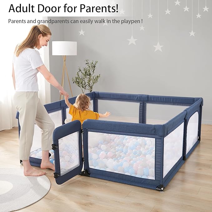 Baby Playpen,Extra Large Playpen for Babies and Toddlers, Sturdy Play Pen Play Yard with Safety Gate,79”x59”Baby Play Pen(Cationic Navy Blue)