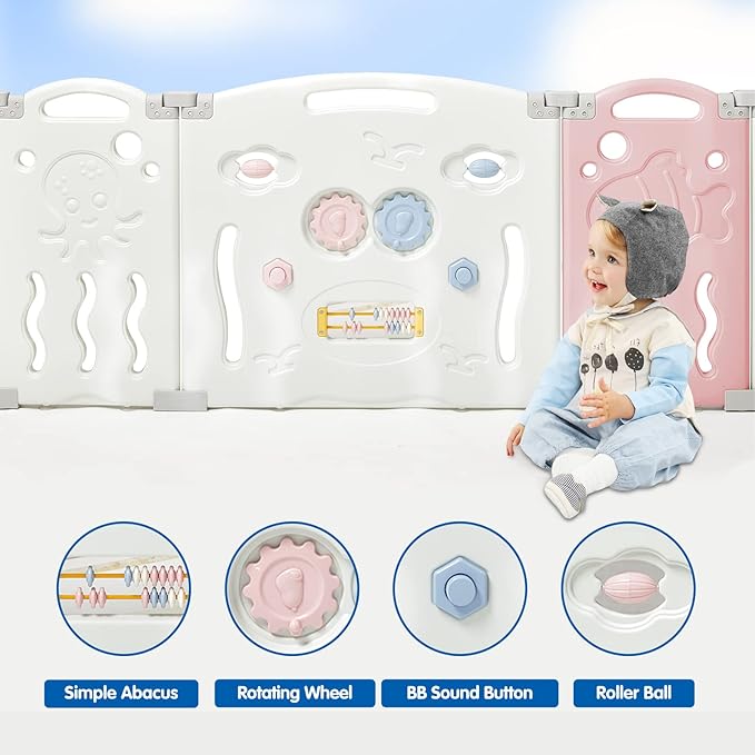 Albott Baby Playpen, 18 Panels Upgraded Portable Foldable Baby Fence with Game Panel and Safety Gate, Adjustable Shape, Ideal for Children Toddlers Indoors or Outdoors (White+Pink, 18 Panel)