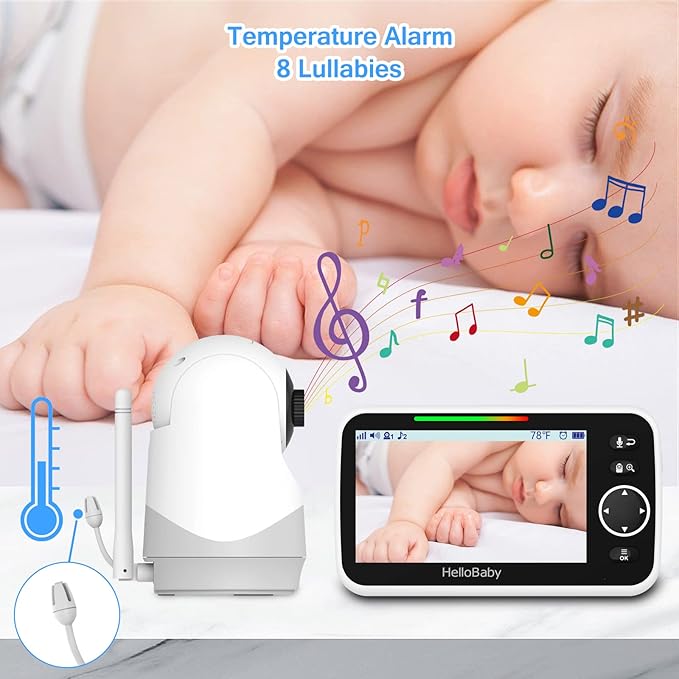 HelloBaby Monitor with Camera and Audio, 5'' Screen with 16-Hour Video Streaming, Remote Pan-Tilt-Zoom Camera, Two-Way Talk, VOX Mode, Auto-Night Vision, Range up to 960ft and No WiFi