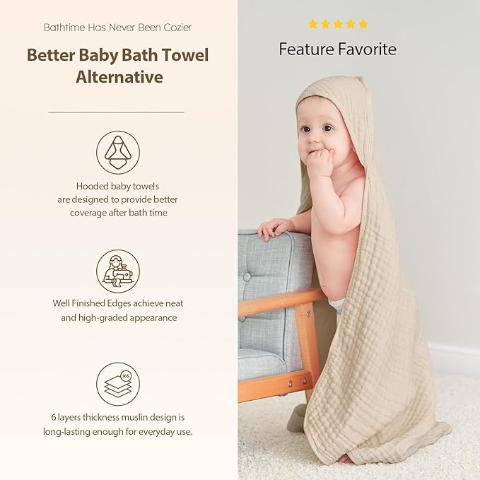 Unnivoll Hooded Baby Towels for Newborn - 2 Pack, 100% Muslin Cotton, Baby Bath Towels with Hood, Soft and Absorbent for Boys, Girls Infant, Toddler and Kids, Large 32x32 Inches, Newborn Essential
