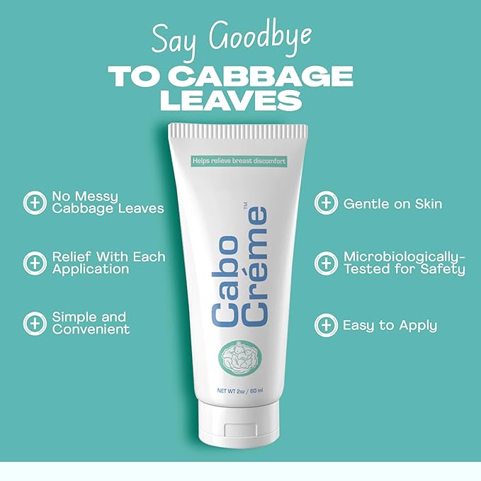 CaboCréme Cabbage Breast Cream for Tenderness & Engorgement Relief, Breastfeeding Weaning Support - Dry Up Breast Milk - Postpartum Essential - OB-GYN Created & Breastfeeding Mother-Approved - 2 oz
