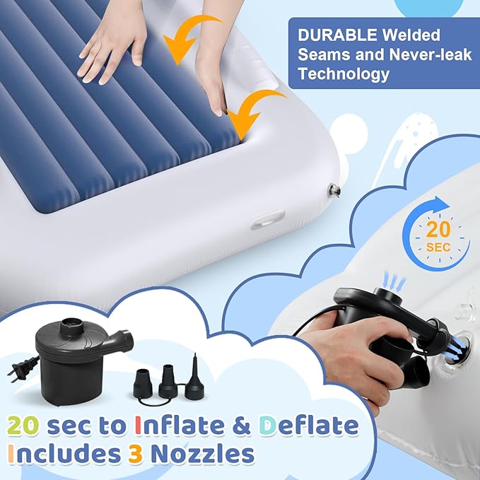 Deeteck Inflatable Toddler Travel Bed - 53 Inches Portable Toddler Bed for Travel with Safety Sides - Cozy Kids Air Mattress Set with High-Speed Pump & Carry Case - Lightweight & Easy to Inflate(Blue)