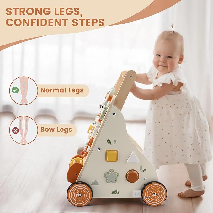 Wooden Baby Walker, Baby Push Walker with Activity Center for Girls Boys, Montessori Push Walker Toys for Babies Learning to Walk, Sit-to-Stand, for 10-12 Months 1 2 3 Years Old