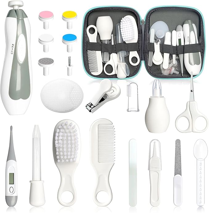 Baby Healthcare and Grooming Kit, 21pcs Baby Electric Nail Trimmer Set Newborn Nursery Health Care Set for Newborn Infant Toddlers Baby Boys Girls Kids Haircut Tools (21 Kits Grey White)