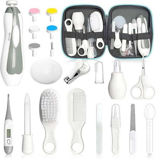 Baby Healthcare and Grooming Kit, 21pcs Baby Electric Nail Trimmer Set Newborn Nursery Health Care Set for Newborn Infant Toddlers Baby Boys Girls Kids Haircut Tools (21 Kits Grey White)