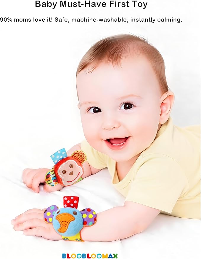 SSK Soft Baby Wrist Rattle Foot Finder Socks Set,Cotton and Plush Stuffed Infant Toys,Birthday Holiday Birth Present for Newborn Boy Girl 0/3/4/6/7/8/9/12/18 Months Kids Toddler,4 Cute Animals