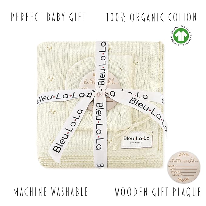 Bleu La La Baby Gift Set - Organic Cotton Newborn Blanket Essentials, Thoughtful Baby Shower & New Baby Gift for Boys & Girls (Pointelle - Butter Cream)