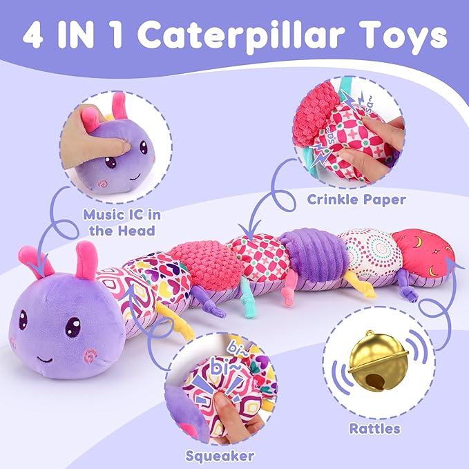 Baby Girl Toys 0-3-6 Months Musical Stuffed Animals Plush Caterpillar Toy with Crinkle Rattles Tummy Time Development Sensory Toys infants 6-9-12 Months Newborn Girls Boys Shower Valentines Day Gifts
