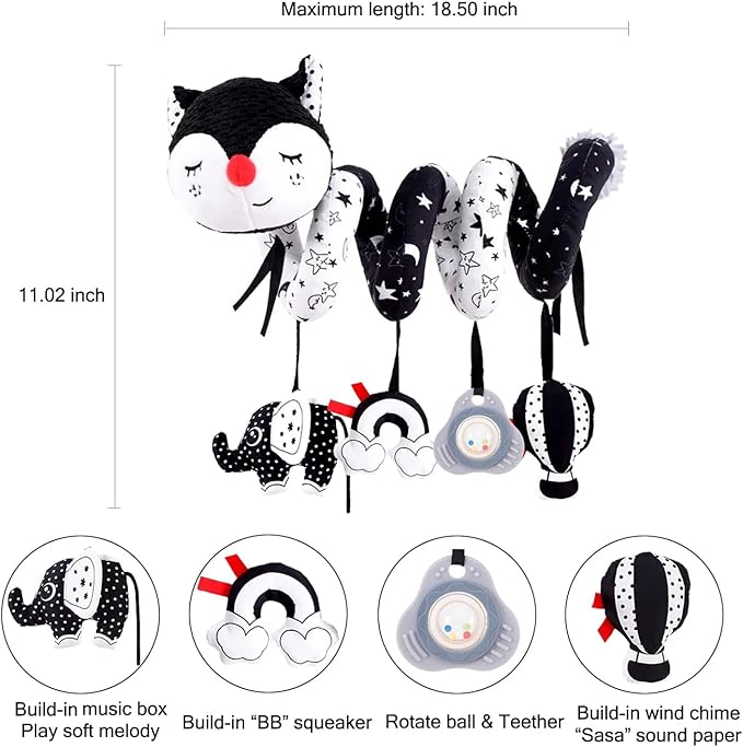Car Seat Toys for Infants 0-6 Months, High Contrast Baby Toys Black and White Hanging Crib & Stroller Toy 3-6 Newborn Developmental Toy 0-3-6-12 Months with Music Rattles