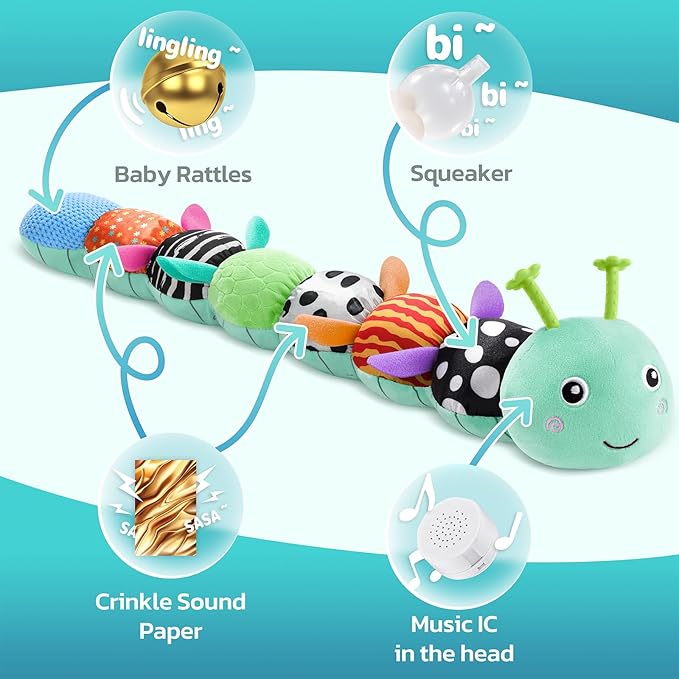 HEMRLY Baby Gifts Toys, Sensory Toy 0-6 Months, Musical Stuffed Caterpillar Plush with Soft Teether, Rattle for Tummy Time, Infant Car Seat Toy for 0-3-6-12 Month Boys Girls Gifts - Spotted Blue
