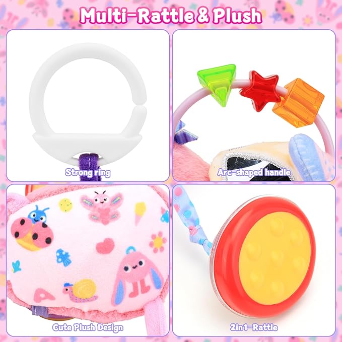 MPQMPQ Baby Toys 0-6 Months Sensory Tummy Time Toys Music Rattle for Newborn Infant 0 3 6 9 12 Months Hanging Car Seat Toys with Pull String,Plush,Mirror Baby Boys and Girls Shower Gifts