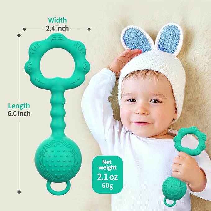 Teething Toys for Babies 0-6 Months, Baby Rattles 6 to 12 Months, 2-in-1 Rattle and Teether Toy for Soothing Sore Gums and Keeps Little Ones Entertained, Food Grade Silicone, Spearmint