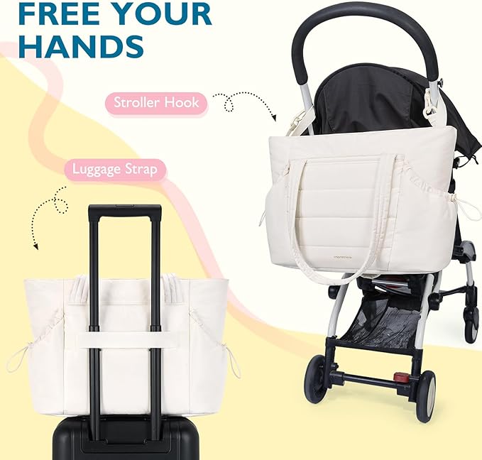 mommore Diaper Bag Tote with Stroller Organizer Puffer Bag Large Capacity Baby Bag with Changing Pad for Travel, Hospital