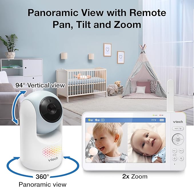 VTech 2-Cameras Video Baby Monitor with 7" Color LCD Screen, Rechargeable Battery, Video and Audio Streaming, Pan-Tilt-Zoom, Touch Multi-Color Night Light, Two-Way Talk: Advanced Max Twin (Blue)