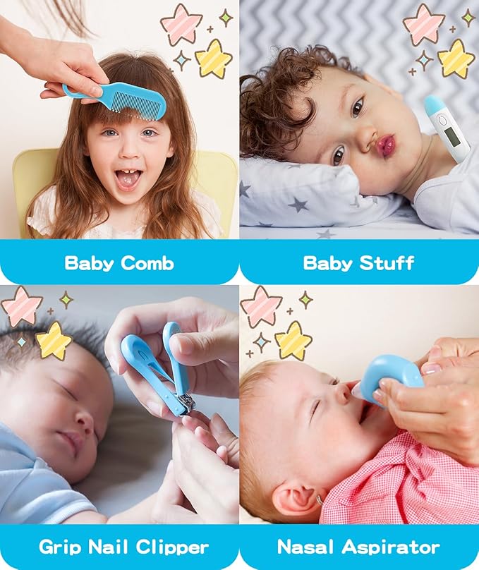 Baby Healthcare and Grooming Kit, 14 in 1 Baby Safety Set Newborn Nursery Health Care Set with Hair Brush Scale Nail Clippers for Baby Girls Boys (Blue 14 in 1)