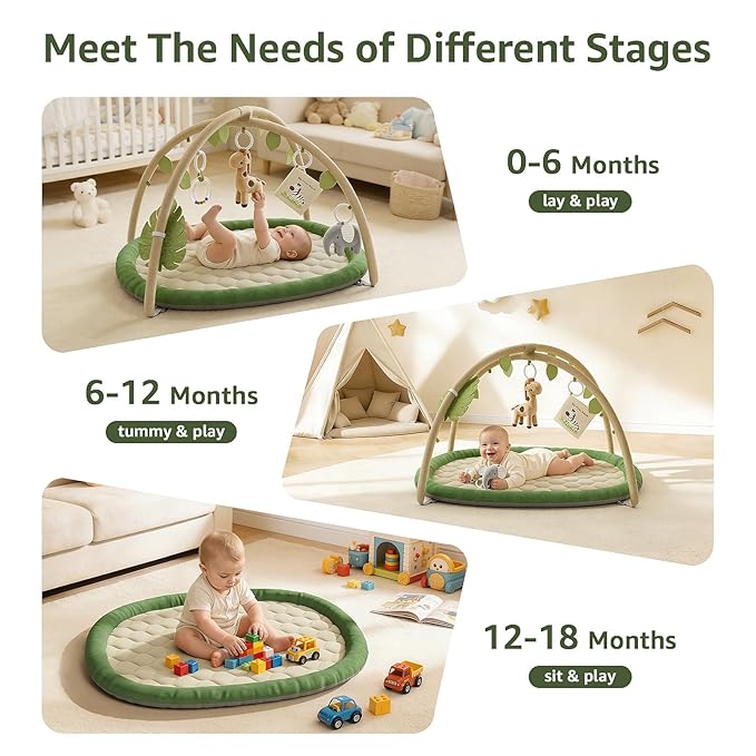 TinyThrive Baby Play Mat, Tummy Time Mat with 5 Detachable Toys, Washable Baby Play Gym for Visual, Hearing, Sensory, Motor Development, Activity Mat for Babies 0-18 Months