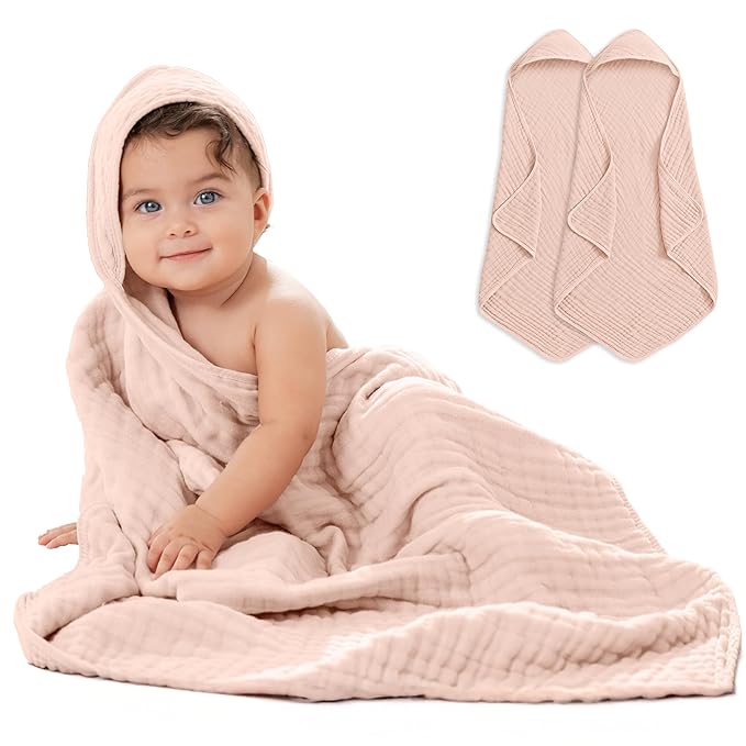 Comfy Cubs Hooded Baby Towel 2-Pack, Large 32 x 32 Inch - 6 Layer 100% Muslin Cotton for Babies, Toddlers and Kids - Soft & Absorbent Baby Bath Towels - Unisex Design for Bath Time - Blush