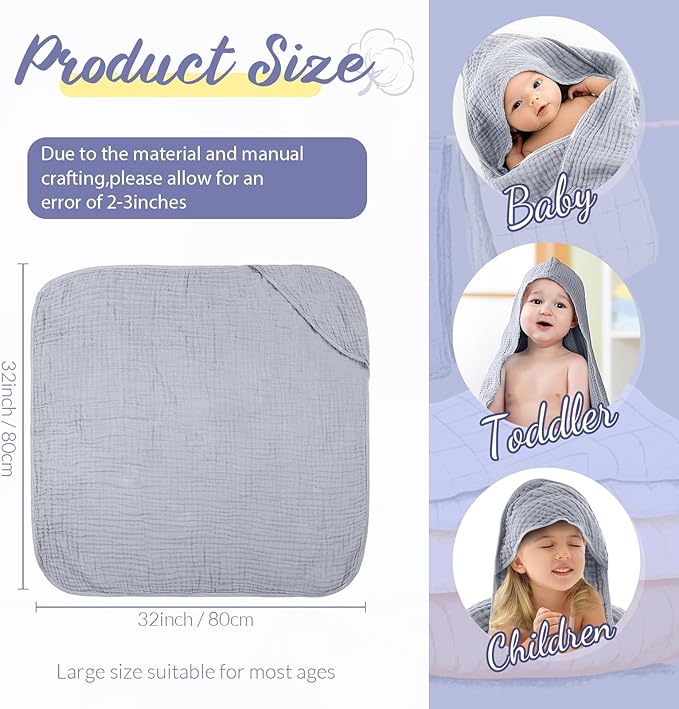 VitalCozy 6 Pcs Baby Muslin Hooded Bath Towels and Washcloths Muslin Cotton Hooded Baby Towels Absorbent Blankets for Gift Newborn Infant Shower (32 x 32 Inch,Light Blue,Light Green)