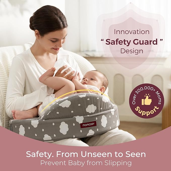 Momcozy Innovative Safety Guard Nursing Pillow - Firm & Springy Memory Foam - Stable, Ergonomic Support & Comfort - Wider Breastfeeding Cushion, Adjustable, Removable Cover, Baby Safety Certified