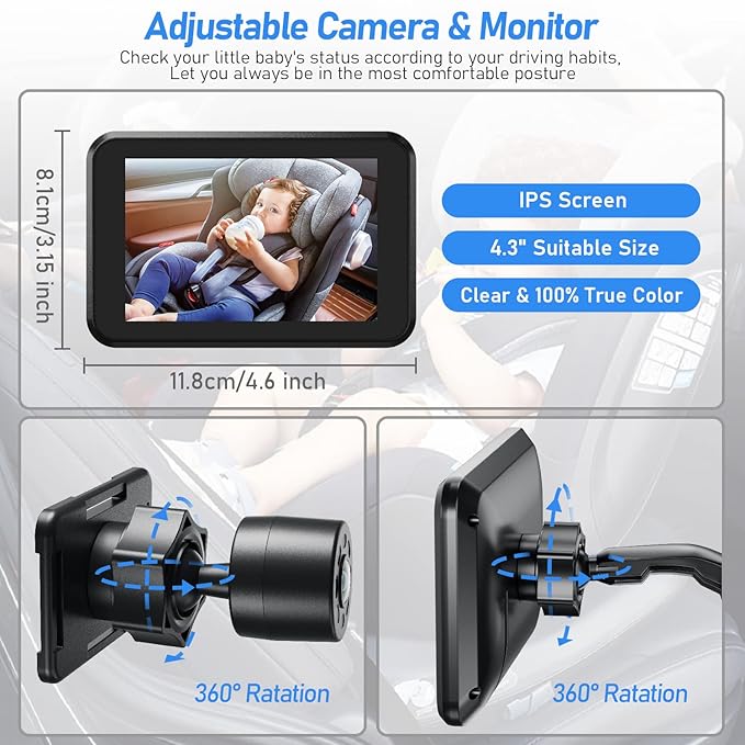 Itomoro Baby Car Camera, 4.3" HD Night Vision Car Baby Monitor with Camera, Safety Seat Baby Car Mirror for Rear Facing 5 Mins Easy Installation ACZ401
