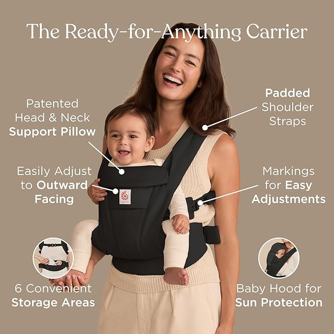 Ergobaby Omni Deluxe Baby Carrier Newborn to Toddler - Breathable Baby Carriers for Summer - All-Position Carrier with Enhanced Lumbar Support & Airflow (7-45 Pounds), Cotton, Onyx Black