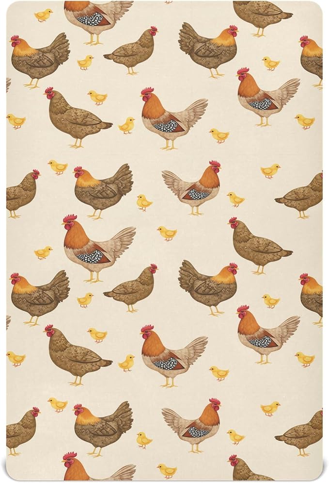 Pfrewn Crib Sheets for Boys Girls Hens Roosters Chickens Set Fitted Crib Sheet for Mini Crib Mattress Stretch Soft Toddler Baby Playard Sheet, 39x27x5IN