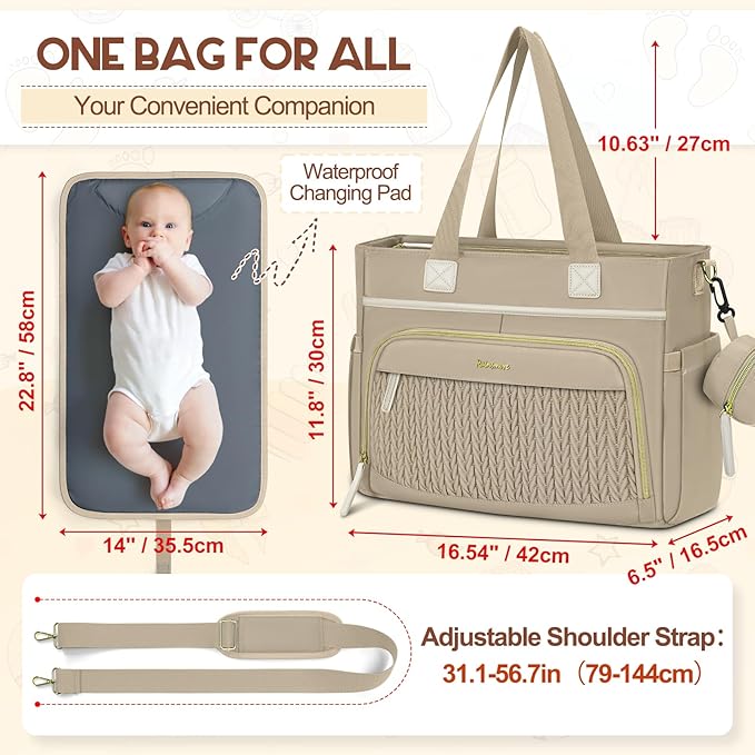 RAINSMORE Diaper Bag Tote, Large Diaper Baby Bag Waterproof Multifunctional Diaper Bag with Pacifier Case & Changing Pad