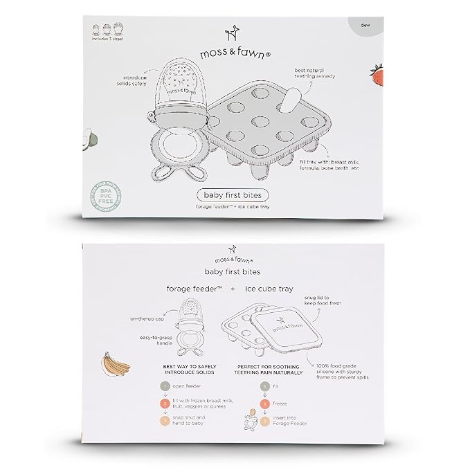 Moss and Fawn Baby's First Bites Bundle - Silicone Frozen Breast Milk Popsicle Kit with Forage Feeder & Teething Popsicle Ice Cube Tray - BPA, PVC, & Lead-Free - Dew