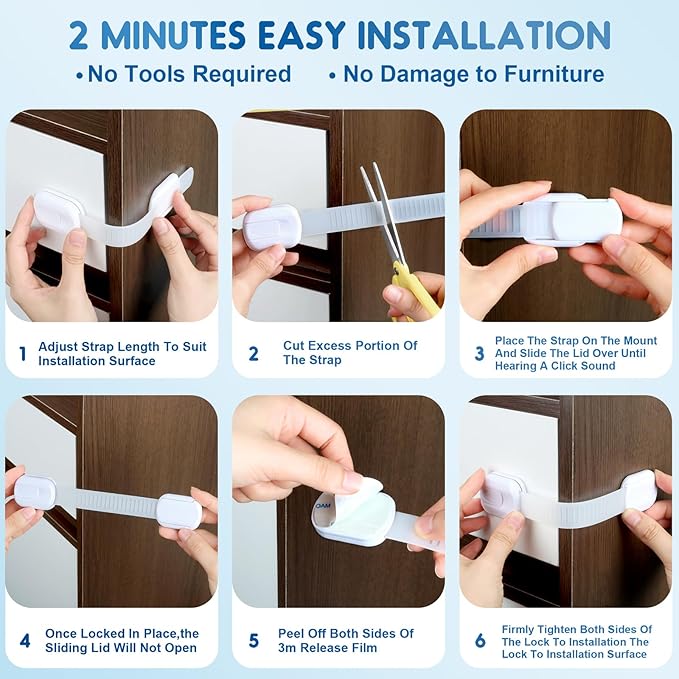 Cabinet Locks Baby Proofing, 12 Pack Child Proof Cabinet Locks with Strong Adhesive Child Safety Locks for Doors, Drawer Locks Baby Proofing No Drilling, Cabinet Locks for Babies- White