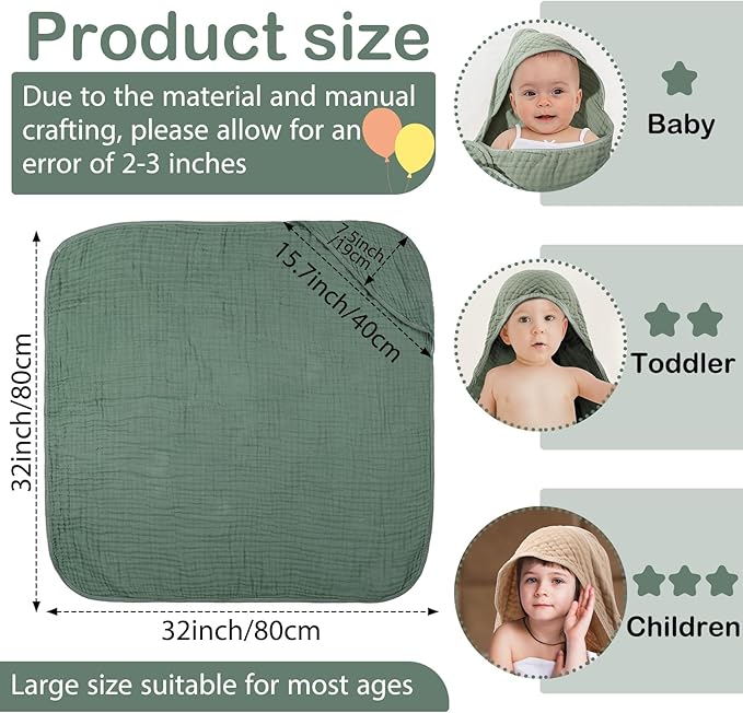 VitalCozy 6 Pcs Baby Muslin Hooded Bath Towels and Washcloths, 32 x 32 Inch Muslin Cotton Hooded Baby Towels Absorbent Hooded Blankets for Gift Newborn Infant Shower (Beige,Green)