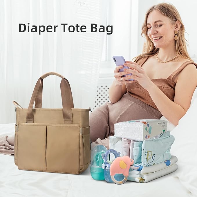 Diaper Bag Tote Satchel Waterproof Messenger Baby Diaper Bags for Mom and Dad Multifunction Medium Travel Tote Bags (Khaki)