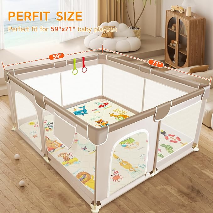 TreeBud Baby Play Mat - Thicken 71x59 Inch Soft Foam Crawling Mat for Playpen & Floor, Non-Slip Waterproof Playmats for Infants & Toddlers, Portable Foldable & Machine Washable, Beach Animals