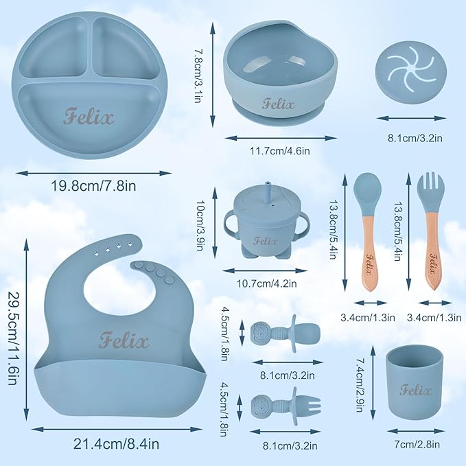 Personalized Silicone Baby Feeding Set with Name, Customized Baby Led Weaning Supplies Self Feeding Eating Utensils with Spoon, Fork, Silicone Suction Bowls, Cup, Plate Dark Purple