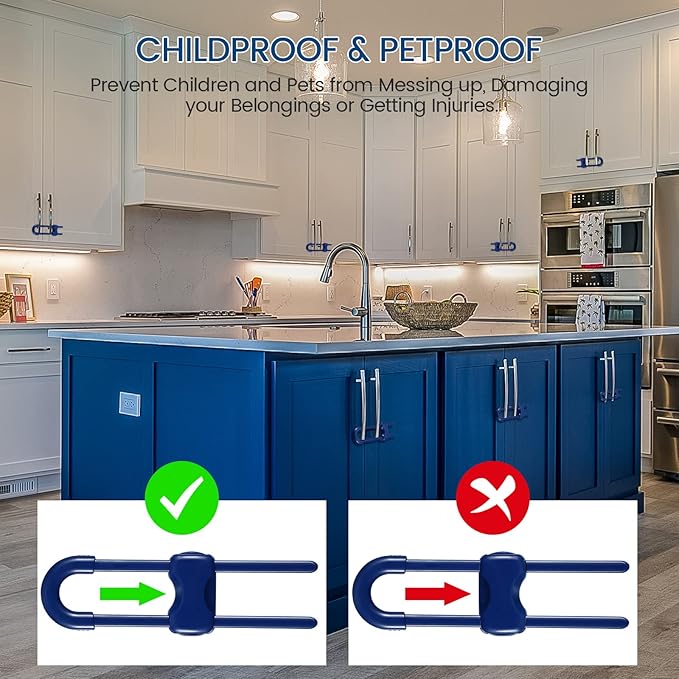 Jetec 10 Pieces Cabinet Locks for Babies, U-Shaped Proofing Drawers Safety Child Locks Adjustable, Easy to Use Childproof Latch for Knob Handle on Kitchen Door Storage Cupboard Closet (Blue)
