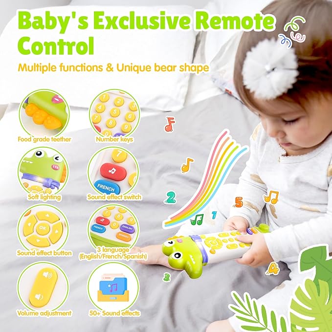 Baby Remote Control Toy, TV Remote Toy for Baby with Realistic Light and Sounds - 3 Languages (English, Spanish & French), Baby Musical Toys Gifts for Boys Girl 6 Month+