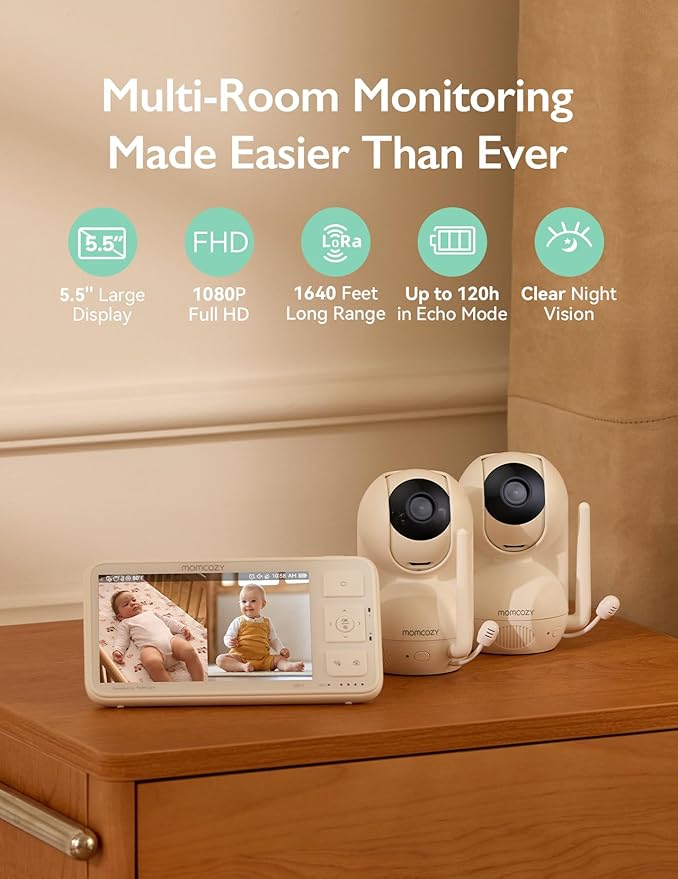 Momcozy Baby Monitor with 2 Cameras 5.5" 1080P Full HD Split Screen Video Baby Monitor with Camera and Audio, No WiFi 5800mAh Battery, ECO, VOX, Clear Night Vision 1640ft Range (SD Card not Included)