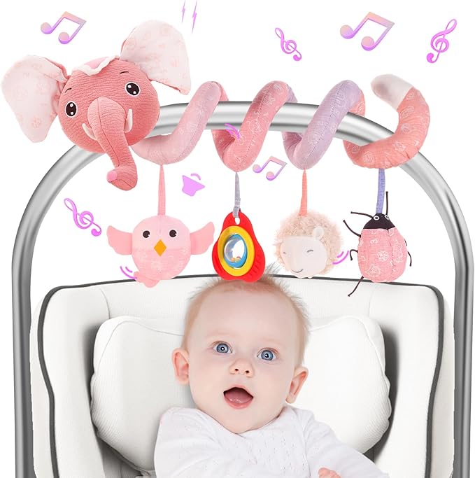 FATI Car Seat ToysBaby Toys 0-6 Months, Spiral Plush Baby Toy for Baby Crib Carseat, Sensory Toys with Squeaker Teether Rattles for 0 3 6 9 12 Months Babies Ideal Gifts