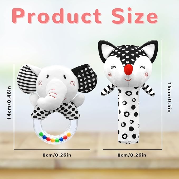 Baby Rattles 0-6 Months Newborn Toys Infant Toys 0-3 Months Rattles for Babies 0-6 Months Baby Toys 0-6 Months, Black and White High Contrast Plush Stuffed Baby Toys for 0 3 6 9 12 Months Girls Boys