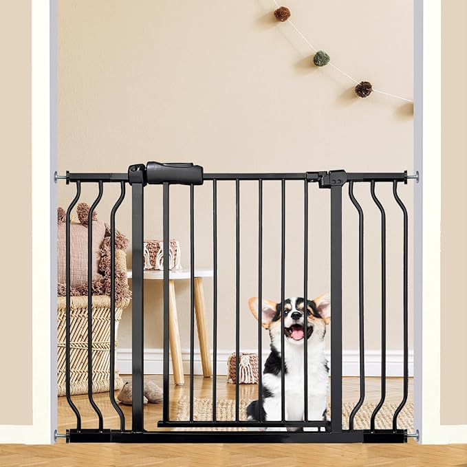 38.5-43.5 Inch Extra Wide Baby & Dog Gate, Pressure Mounted Walk Through, Heavy-Duty Safety Gate for Doorways & Stairs, Black Metal with Extension Kit