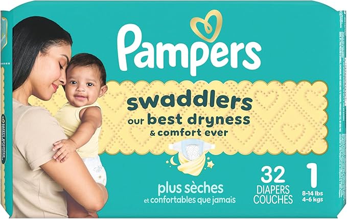 Pampers Swaddlers Diapers, Size 1 (8-14 lbs), 32 Count, Absorbent, Keeps Baby Dry and Comfortable, Skin Safe Disposable Baby Diaper (Packaging May Vary)