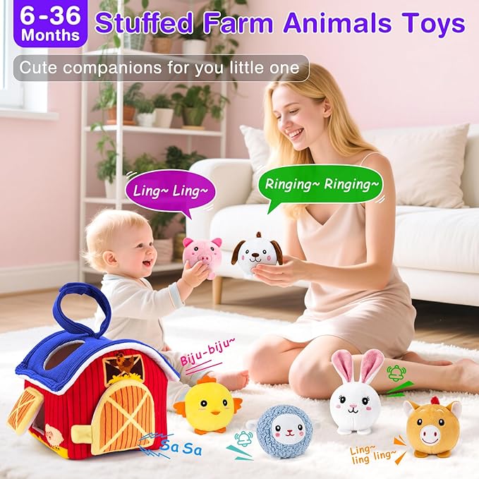 Baby Toys 6-12 Months, Barn Toy with Stuffed Farm Animals - Rattle, Crinkle Paper, Montessori Toys for 1 Year Old, Sensory Toy for Toddlers 1-3 Birthday Gifts Infant Christmas Stocking Stuffers