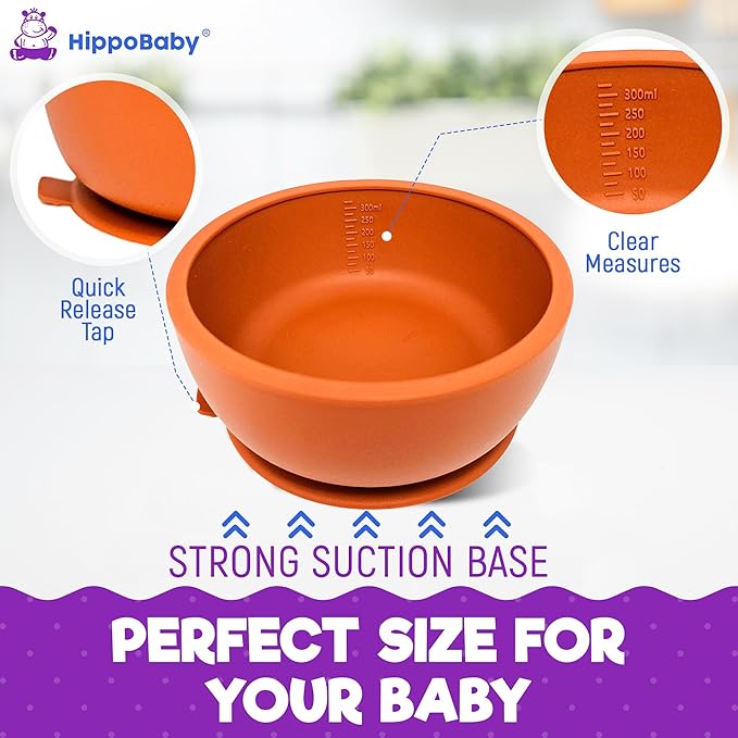 HippoBaby 6 Piece Baby Bowls With Suction and Lids | Toddler Bowl Set with 1 Bowl, 1 Bib, 2 Baby Spoons, 1 Large Spoon, 1 Large Fork, Baby Feeding Essentials (1, Autumn)