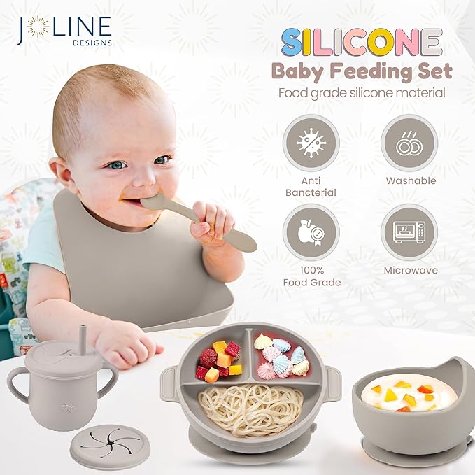 Joline Designs Silicone Baby Feeding Set - Perfect silicone plates for baby & Toddler Plates with lids, Baby Bowls with Suction, Baby Utensils - Baby Led Weaning Supplies & Eating Essentials - (Gray)