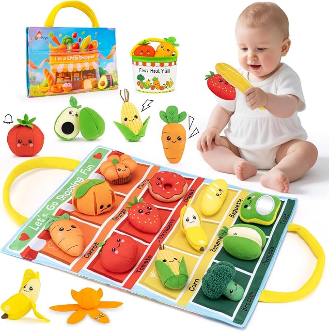 Montessori Baby Toys for 6-12-18 Months - My First Shopping Trip Baby Sensory Toys with Color Sorting Play Food, Crinkle & Rattle, Fine Motor Learning Toddler Toys for 1-2 Year Old Boy Girl Gifts
