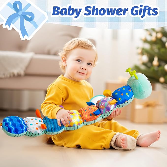 Baby Toys 0-6 Month, Musical Caterpillar Baby Rattle, Plush Sensory Toy with Mirror, Crinkle Textures, Newborn Developmental Tummy Time Stuffed Animal for Infants Boys Girls 6-12 Months (Blue)