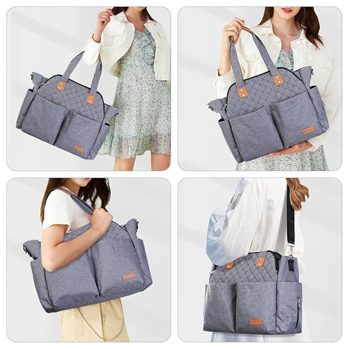 Lekebaby Diaper Bag Tote for Baby - 17 Pockets Large Travel Diaper Tote with Portable Changing Pad, Mom Crossbody Hospital Bag for Labor Delivery, Waterproof, Baby Essentials for Newborn Gifts, Grey