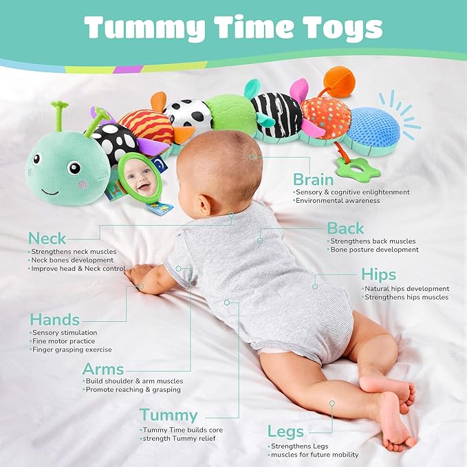 AWOTOY Baby Toys 6-12 Months Music Caterpillar Infant Toys Stuffed Animals 0-3-6 Months Teething Tummy Time Sensory Toys with Mirror Rattle&Pull String for Boys Girls Birthday Gifts|Tiffany Blue,Leafy